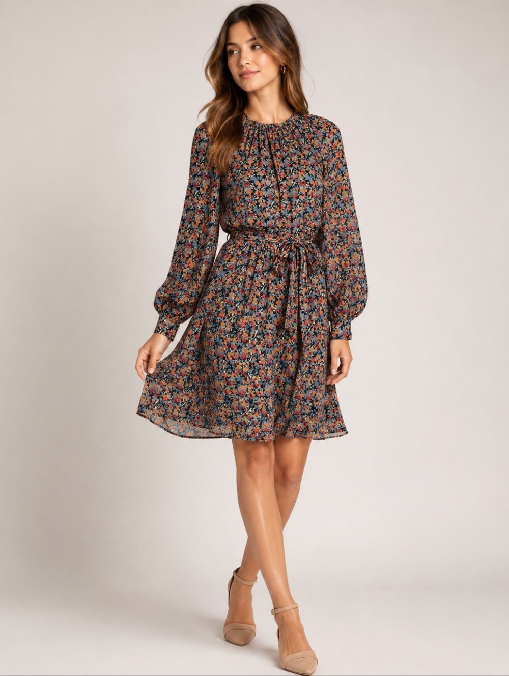 Derek Lam Silk Chiffon Floral Belted Dress Blue Orange Size 4